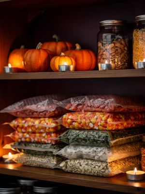 Generated still: vacuum-sealed bags on a shelf